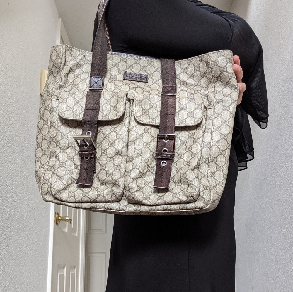 GUCCI PVC Beige & Dark Brown Two Pocket Tote Bag